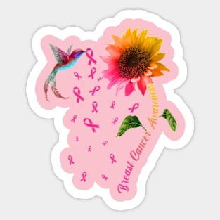 Breast Cancer Awareness Sunflower Hummingbird, Pink Ribbon Sticker